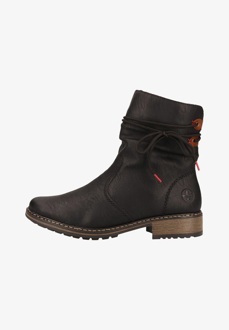 Black leather ankle boot with a rounded toe, decorative laces, and a contrasting wooden heel. Features signature logo on the side.