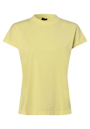 T-shirt jaune clair uni à manches courtes, col rond haut et étiquette noire à l'intérieur du col.