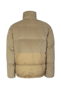 Kurtka pikowana z sztruksową górną częścią w kolorze jasno-brązowym oraz gładkim, beżowym dolnym fragmentem. Wysoki kołnierz z elastycznym ściągaczem i fakturowanym wzorem.