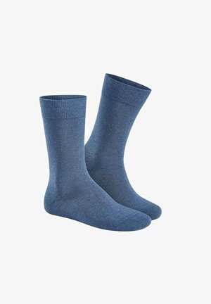 Blaue Baumwollsocken mit einem gerippten Bund, die eine glatte Textur und eine einfarbige Optik ohne Muster oder sichtbare Logos aufweisen.