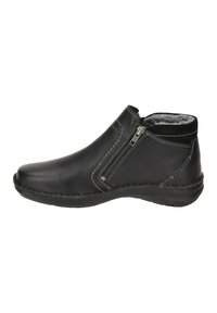 Bottines noires en cuir avec une surface texturée, fermeture éclair sur le côté, coutures contrastantes et doublure intérieure douce pour plus de chaleur.