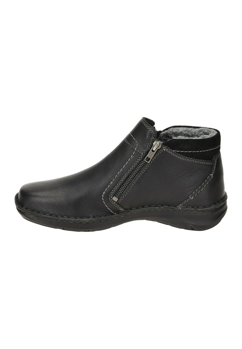 Bottines noires en cuir avec une surface texturée, fermeture éclair sur le côté, coutures contrastantes et doublure intérieure douce pour plus de chaleur.