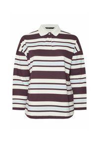 Maroon- och vitrandig långärmad polo med spetskrage och knapplist. Tillverkad av ett mjukt tyg med en avslappnad passform.
