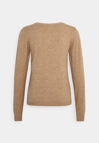 Beige sweater with a round neck, long sleeves, and ribbed hem. Soft texture with a smooth finish, displayed from the back.