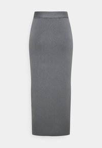 Šedá tužková sukně do kolen vyrobená z hladkého, elastického materiálu s přiléhavým střihem a páskem, s jednolitou, uniformní strukturou.
