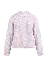 Strickpullover mit hohem Kragen, versehen mit einem mehrfarbigen Muster aus Pink, Blau und Weiß, langen Ärmeln und einer lässigen Passform.