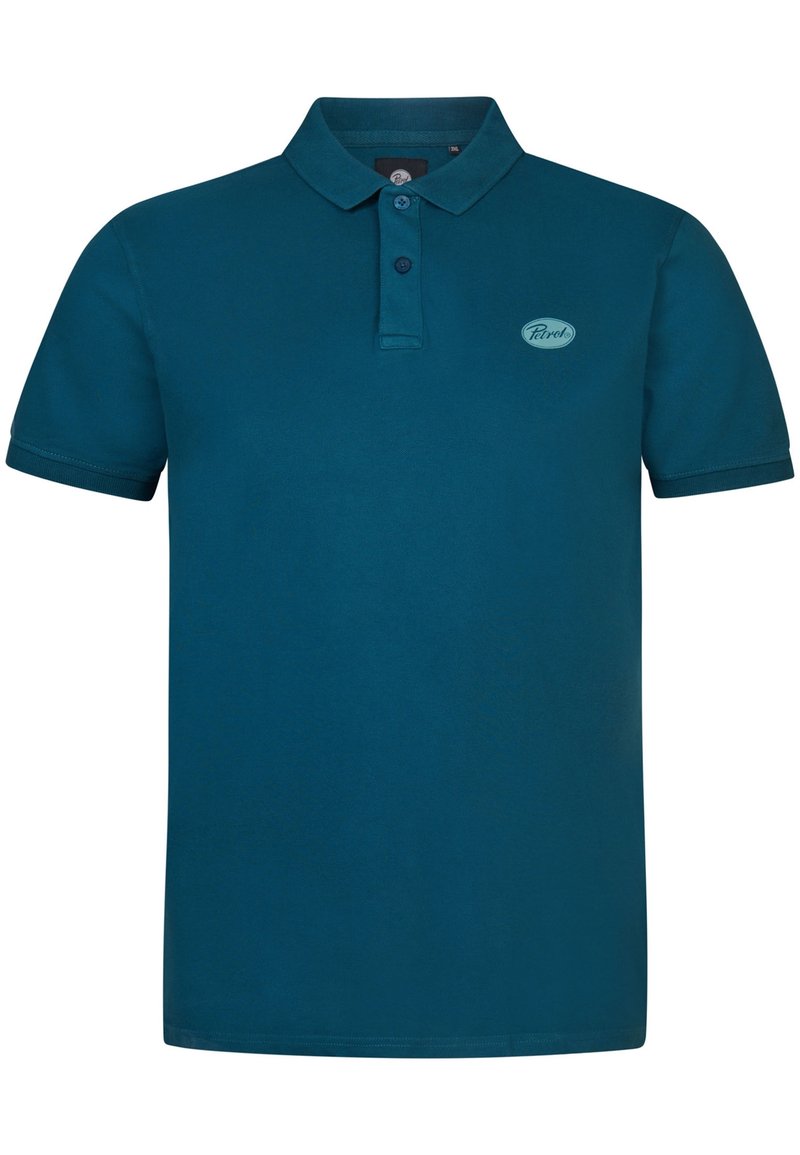 Żakardowa koszulka polo w kolorze turkusowym, wykonana z bawełny, z dwu guzikowym zapięciem i małym okrągłym logo po lewej stronie klatki piersiowej. Krótkie rękawy i prosty dół.