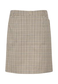 Beige skateret nederdel med en diskret brun og sort ternet mønster, lige snit og med lynlås i ryggen.