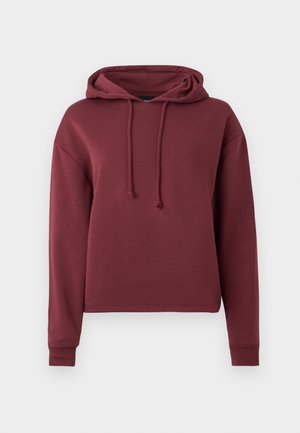 Bordeaux huppari, jossa on pitkät hihat, nyörityksellä varustetut yksityiskohdat ja rento istuvuus. Valmistettu pehmeästä kankaasta, jossa on sileä pinta.