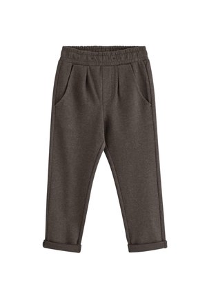 Tmavě šedé kalhoty s herringbone vzorem, elastickým pasem, dvěma bočními kapsami a manžetami na nohavicích. Měkká, strukturovaná látka.