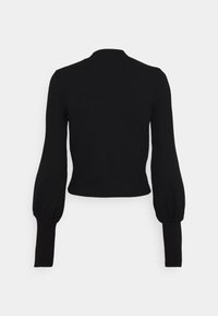Schwarzer gerippter, kurzer Pullover mit hohem Kragen, langen puffärmel und eng anliegenden Bündchen, der ein strukturiertes Strickmuster aufweist.