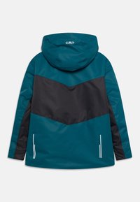 Giacca con cappuccio teal e nera con design a chevron sul retro, due tasche laterali e linee di accento bianche. Realizzata in materiale liscio e resistente all'acqua.