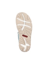 Baskets bleu clair avec une semelle en caoutchouc texturé et des rainures profondes, des accents blancs et un logo rouge. La taille 37 est indiquée sur la semelle extérieure.