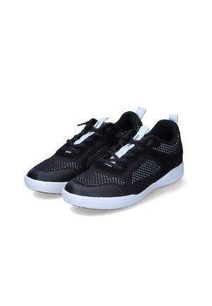 Black athletic shoes with a mesh upper, white accents, and a textured rubber sole; features a sleek, low-profile design and laces.