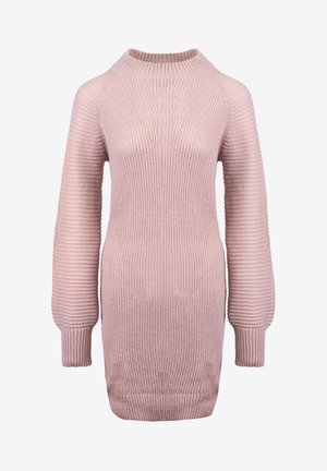 Knit pulóverruha világos rózsaszínben, bordás textúrával, magas nyakkivágással és hosszú ujjakkal, amelyek tapered mandzsettával rendelkeznek.