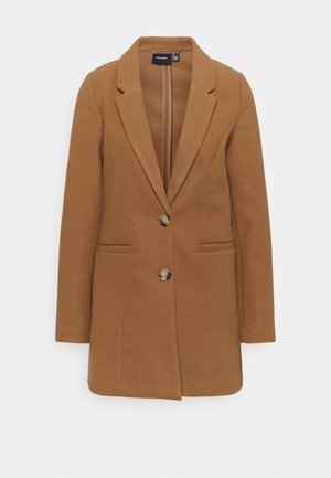 Bruine wolblend blazer met een notch-lapel, een enkele knoopsluiting en twee voorkzakken. Strakke ontwerp, nauwsluitende pasvorm en gestructureerde vorm.