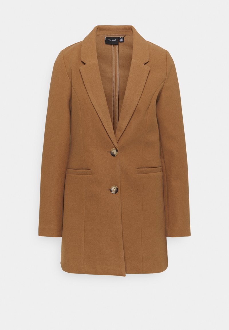 Blazer en mélange de laine marron avec un revers cranté, fermeture à un bouton et deux poches avant. Design épuré, coupe ajustée et forme structurée.