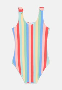 Maillot de bain une pièce rayé dans des couleurs pastel incluant rose, bleu, vert, jaune et rouge ; doté de bretelles ajustables avec des volants.