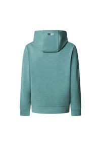 Sudadera con capucha en suave tela de color azul claro. Presenta mangas largas, puños acanalados y un detalle de logo en la parte posterior. Textura suave, diseño casual.