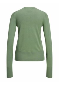 Maglione verde lavorato a maglia con scollatura rotonda, maniche lunghe, orlo a coste e texture liscia. Vista posteriore, con dettagli minimi.
