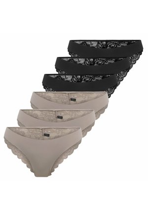 Sześć damskich bikini z koronkowym wykończeniem w kolorach czarnym i beżowym, ułożonych na przemian na białym tle.