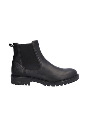 Bota Chelsea de cuero negro con paneles laterales elásticos, suela de goma resistente y lengüeta en el talón, mostrada desde el lado exterior.