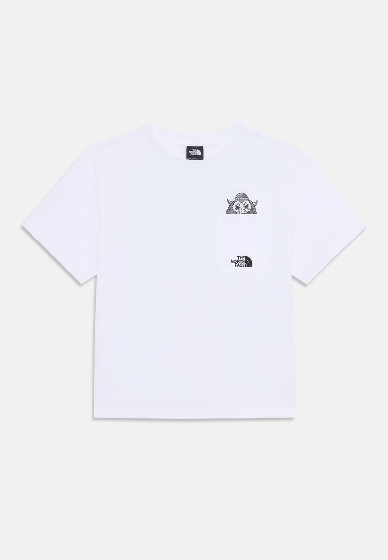 Balta kokvilnas T-kreklus ar grafikā attēlotu pūci uz kabatas un zem tās izdrukātu "The North Face" logotipu. Īsās piedurknes, apaļa kakla izgriezums.