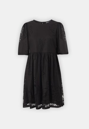 Black dress with a fitted bodice, short sheer sleeves, and a flared skirt. Features floral pattern overlay and back zipper closure.