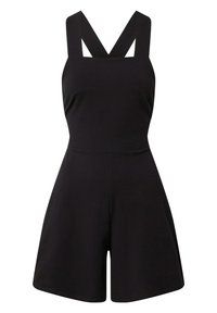 Schwarzer Jumpsuit mit breiten Schulterträgern, einer taillierten Oberpartie und weit ausgeschnittenen Shorts. Hergestellt aus einem glatten, dehnbaren Material mit minimalistischer Gestaltung.