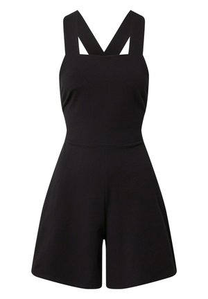 Zwarte jumpsuit met brede schouderbanden, een aansluitend bovenlijf en uitlopende shorts. Gemaakt van een soepele, rekbare stof met een minimalistisch ontwerp.