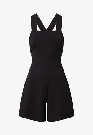 Zwarte jumpsuit met brede schouderbanden, een aansluitend bovenlijf en uitlopende shorts. Gemaakt van een soepele, rekbare stof met een minimalistisch ontwerp.