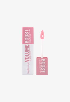 Balsamo volumizzante per labbra in un tubo rosa e bianco. Presenta un applicatore bianco con una punta pelosa rosa per un'applicazione uniforme.