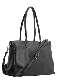Borsa a spalla in pelle nera con doppi manici e tracolla staccabile. Presenta un design strutturato e texture sottili.