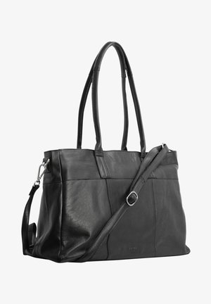 Fekete bőr tote táska dupla vállpánttal és levehető keresztpánttal. Szerkezeti kialakítással és finom textúrákkal rendelkezik.