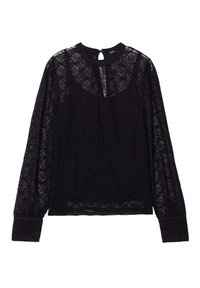 Blusa nera a maniche lunghe in pizzo, con un motivo a rombi, colletto alto, schiena a chiave e maniche gather. Tessuto testurizzato.