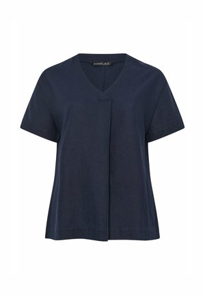 Mørkeblå kortærmet bluse med V-hals og plissédetalje foran, løs pasform, lavet af blødt stof.