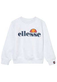 Lichtgrijze sweater van zacht materiaal. Voorzien van blauw "ellesse"-logo en oranje halve cirkel grafiek. Geribbelde boorden en zoom. Eenvoudig ontwerp.