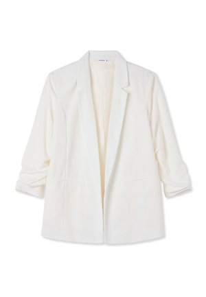 Blazer bianco da donna con rever a incavo e maniche arricciate tre quarti, esposto su uno sfondo bianco semplice.