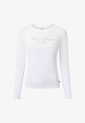 Weißes, langärmliges Hemd aus Baumwolle mit glänzendem silbernem Logo "Levi Strauss & Co." auf der Brust. Einfaches, körperbetontes Design.