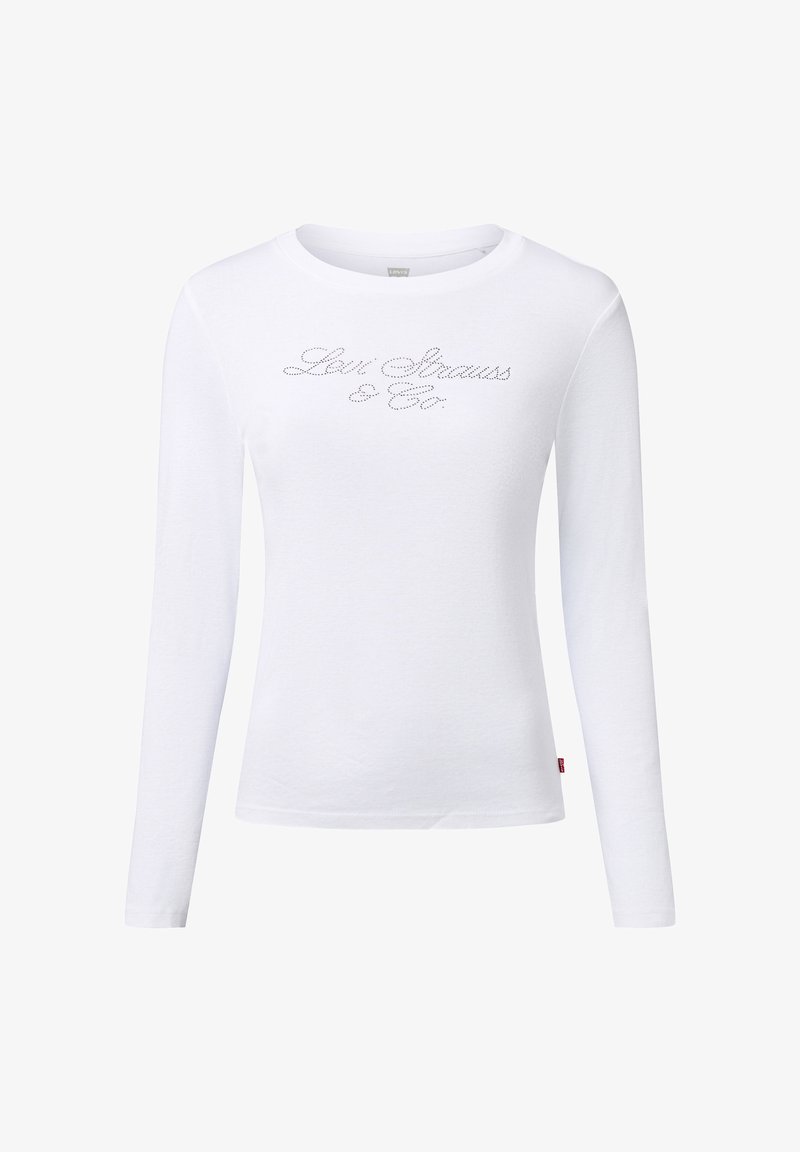 Weißes, langärmliges Hemd aus Baumwolle mit glänzendem silbernem Logo "Levi Strauss & Co." auf der Brust. Einfaches, körperbetontes Design.