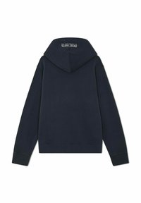 Hoodie bleu marine à coupe décontractée, avec une grande capuche, des poignets et un ourlet côtelés, et une marque imprimée au niveau du cou à l'arrière.