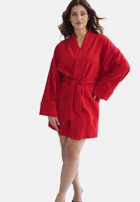 Czerwona lniana szata z paskiem w talii, szerokimi rękawami i długością do kolan. Materiał wydaje się miękki o teksturowanym wykończeniu.