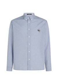 Dlhý rukáv, košeľa na gombíky v modro-bielom kockovanom vzore, s golierom a malým čiernym logom na hrudi. Hladká tkanina.