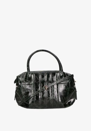 Glänzende schwarze Handtasche mit strukturiertem Körper, texturiertem Oberflächen, doppelten Griffen und abnehmbarem Schulterriemen. Mit Faltlinien und Reißverschlussverschluss.