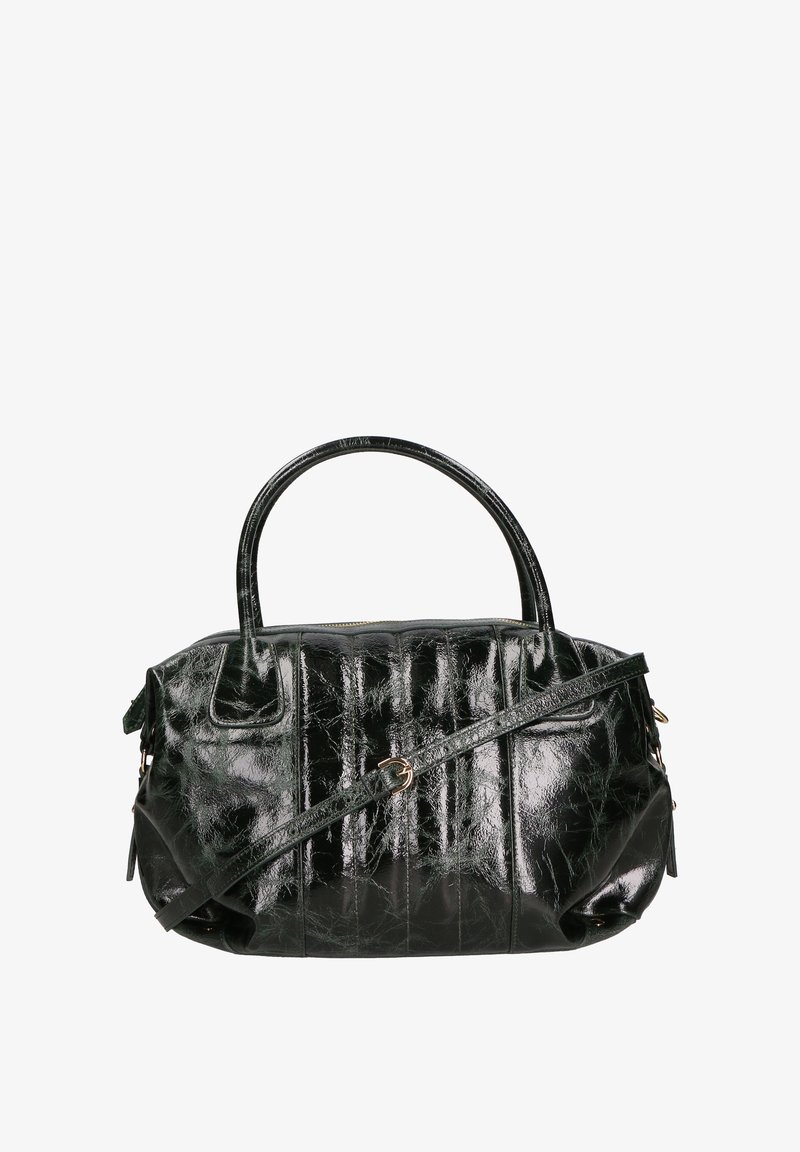 Borsa nera lucida con corpo strutturato, superficie testurizzata, doppi manici e tracolla removibile. Presenta linee pieghevoli e chiusura a zip.