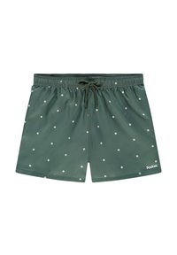 Shorts de bain verts en tissu lisse arborant des motifs floraux blancs éparpillés et une taille avec cordon de serrage ajustable.