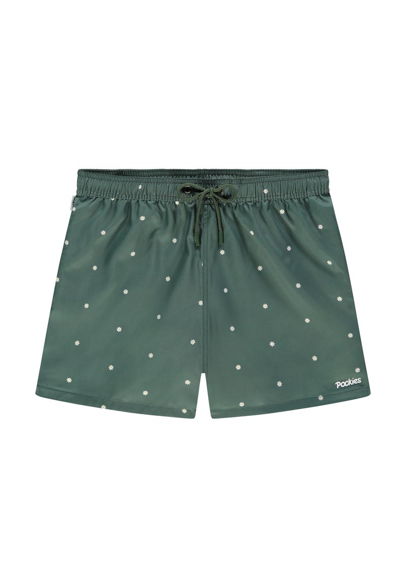 Shorts de bain verts en tissu lisse arborant des motifs floraux blancs éparpillés et une taille avec cordon de serrage ajustable.