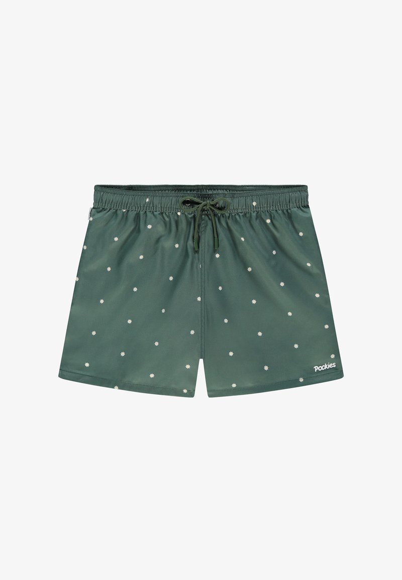 Shorts de bain verts en tissu lisse arborant des motifs floraux blancs éparpillés et une taille avec cordon de serrage ajustable.