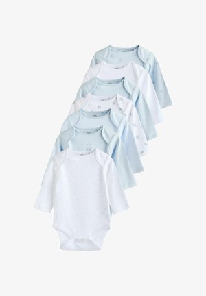 Ensemble de sept bodies pour bébé dans des nuances variées de bleu et blanc, avec des motifs comme des pois et des ours en peluche, dotés de manches longues et de fermetures à pression.