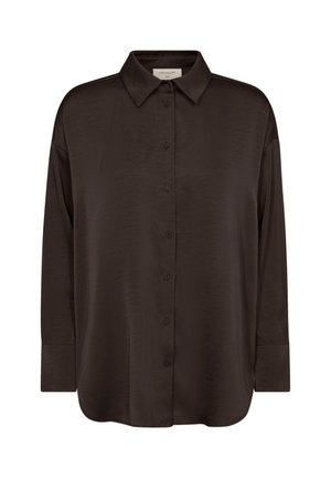 Donkerbruine blouse met knopen en lange mouwen, met kraag en manchetten, gemaakt van glad, licht glanzend stof.